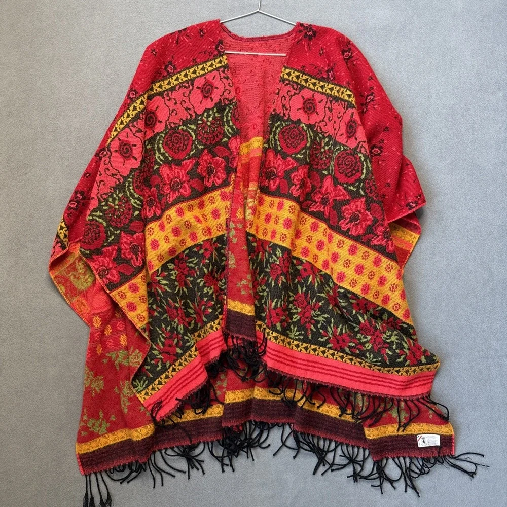 Poncho Wrap Red Floral Rose Tapestry Acrylic Fringed Boho Made In France